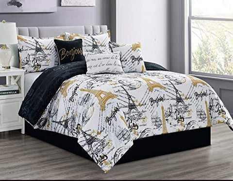 Elegant 7-Piece Comforter Set (Paris, Q, Black)-le-home-chic.myshopify.com-BEDDING SET