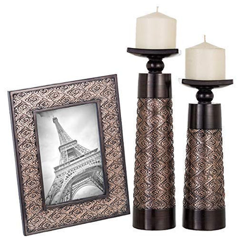 Set of 2 Candle Holders and Matching 5 X 7 Picture Frame (Coffee Brown)-le-home-chic.myshopify.com-CANDLE SET