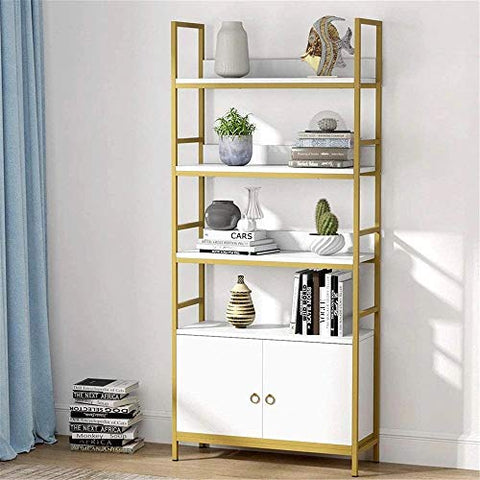 Gold 4-Tier White Etagere Standard Bookshelf with Storage Cabinet-le-home-chic.myshopify.com-BOOKCASE