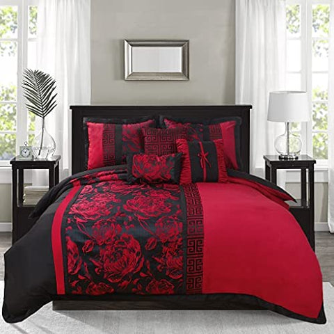 7 Piece Burgundy Comforter Set Queen - Jacquard Patchwork-le-home-chic.myshopify.com-COMFORTER SET