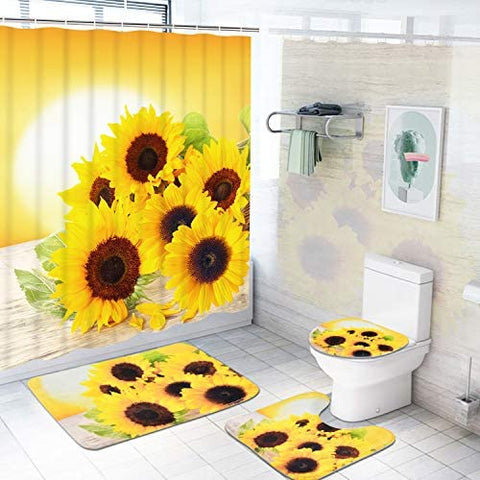4 Pcs Sunflowers Shower Curtain Sets with Non-Slip Rug-le-home-chic.myshopify.com-SHOWER CURTAIN SET