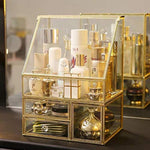 Gold Glass Makeup Organizer, Vintage Makeup Organizer-le-home-chic.myshopify.com-MAKE UP ORGANIZERS