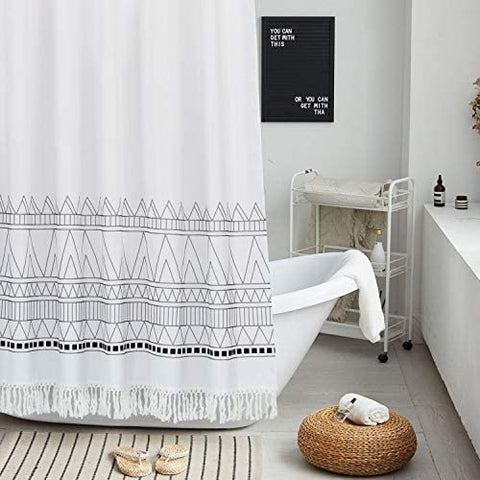 Tassel  Boho White and Gray Geometric Shower Curtain Set-le-home-chic.myshopify.com-SHOWER CURTAIN