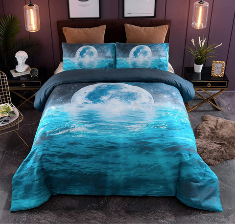 Galaxy Moon Blue Ocean Vivid Print Comforter Set Queen Size-le-home-chic.myshopify.com-COMFOTER SET