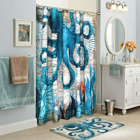 Octopus Fabric Shower Curtain Heavy Weighted 72x72-le-home-chic.myshopify.com-SHOWER CURTAIN