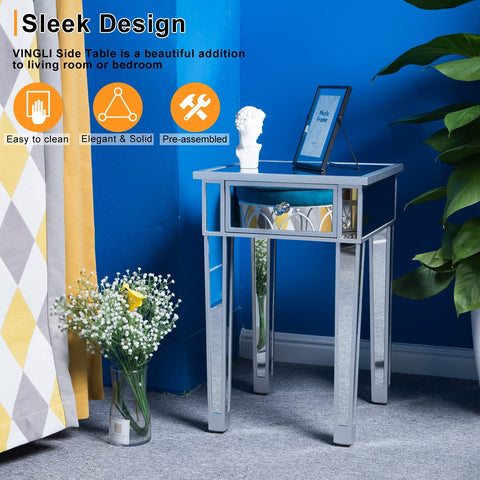 Mirrored End Table with Drawer Silver Nightstand/Bedside-le-home-chic.myshopify.com-MIRRORED NIGHT STANDS