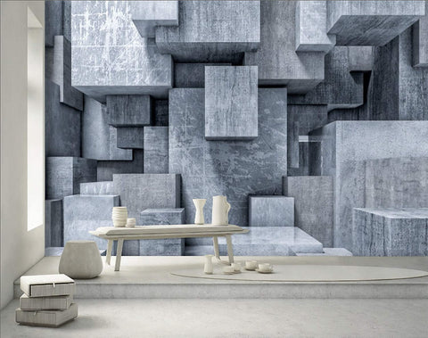3D Look Wallpaper Concrete Cube Wall Mural Gray-le-home-chic.myshopify.com-WALLPAPER