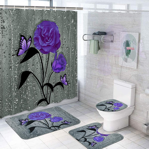 4 Pcs Teal Gray Rose Shower Curtain Sets with Non-Slip Rug-le-home-chic.myshopify.com-CURTAINS