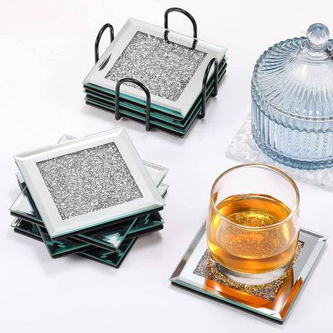 9 Pieces Glass Mirrored Coaster 4 x 4 Inches Crystal Diamond-le-home-chic.myshopify.com-COASTERS