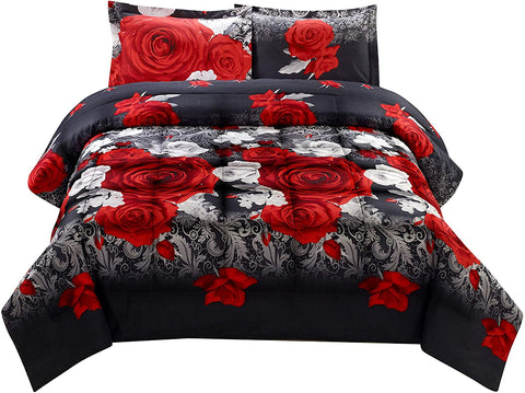 3D Comforter Set Queen - 3 Piece Red and White Rose Reactive Print-le-home-chic.myshopify.com-COMFORTER SET