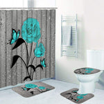 4 Pcs Teal Gray Rose Shower Curtain Sets with Non-Slip Rug-le-home-chic.myshopify.com-CURTAINS