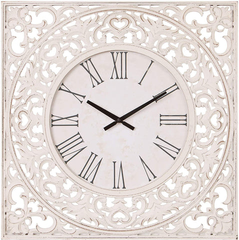24" Distressed White Ornate Wood Carved Wall Clock-le-home-chic.myshopify.com-WALL CLOCK