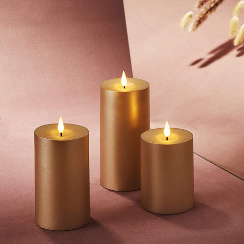 Gold Flameless Pillar Candles - 3 Inch Diameter, 3 Pack-le-home-chic.myshopify.com-CANDLES
