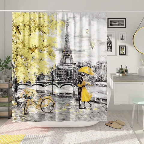 Yellow Gray Paris Shower Curtain - 12 Rust-Resistant Metal Hooks-le-home-chic.myshopify.com-SHOWER CURTAIN
