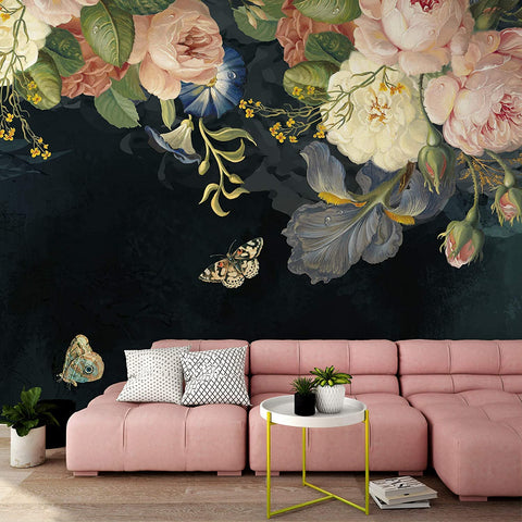 Oil Painting Dark Floral Wallpaper Pink Peony Flower Wall Mural-le-home-chic.myshopify.com-WALLPAPER