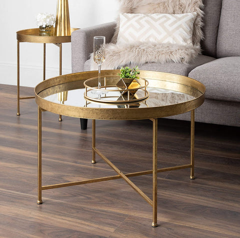Gold Foldable Round Accent Coffee Table Mirrored-le-home-chic.myshopify.com-COFFEE TABLE