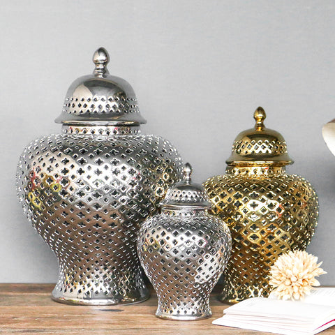 Luxury Ceramics Hollow Out Gold/Silver Storage Jar Decorative-le-home-chic.myshopify.com-DECORATIVE VASES